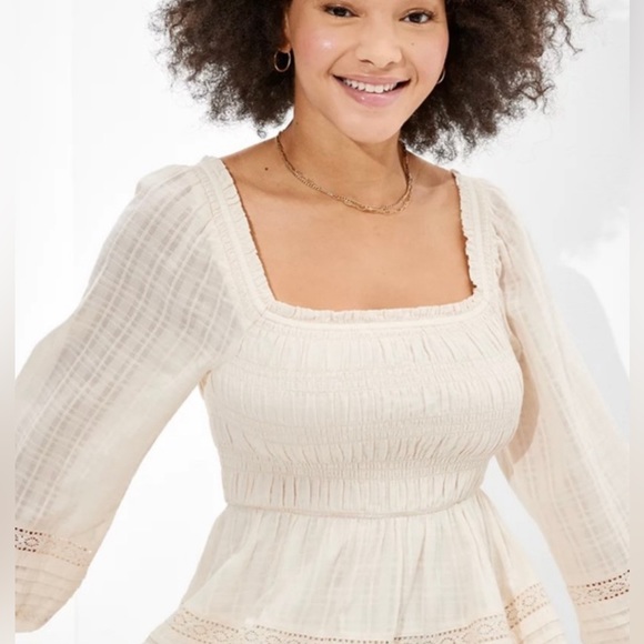 American Eagle Long Sleeve Smocked Mini Dress Boho White Cream Medium - Picture 4 of 9